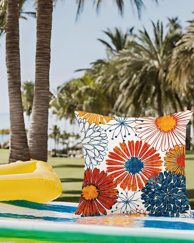 Navy Blue Dahlia Flower Outdoor Waterproof Throw Pillow Covers Set of 2 Abstract Floral Printed Outdoor Pillow Covers for Patio Furniture, Porch, Garden 18x18 Inch