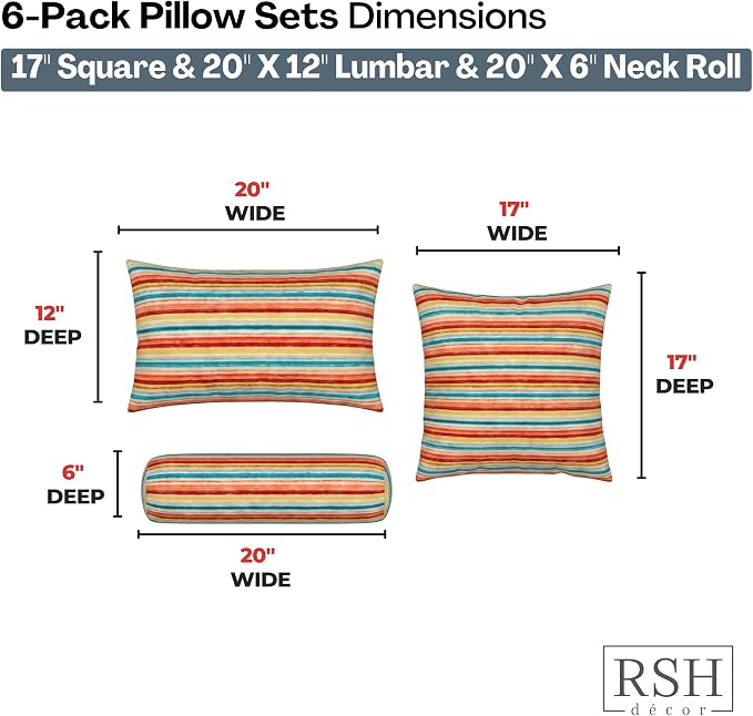 RSH DECOR: 6-Pack Pillow Set | Performance Fabric |Water & Fade-Resistant| 17" Square, 20"x12" Lumbar, 20"x6" Neck Roll | Outdoor Pillows for Patio Furniture | Made in USA (Espy Fresh)