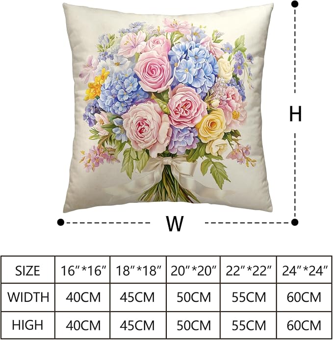 Spring Summer Floral Pillow Covers 24x24 Pink Rose Blue Hydrangea Throw Pillow Covers Exquisite Bouquet Pillow Case Flowers Cushion Case for Living Room Couch Sofa 2 Pack