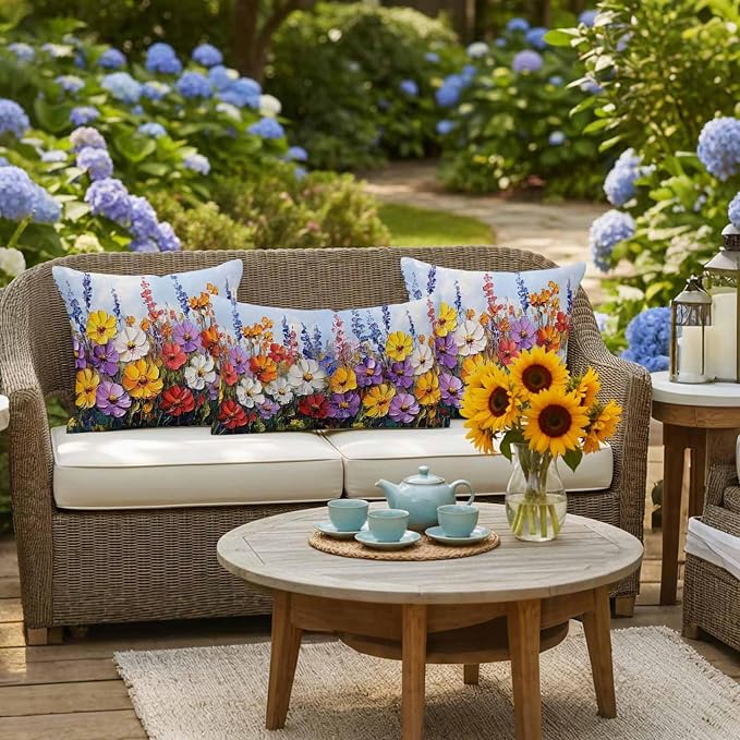 Vintage Wildflowers Waterproof Outdoor Pillow Covers Set of 2 Home Decor, Rustic Oil Painted Abstract Botanical Pillowcase Patio Pillow Covers for Couch Bench Furniture Garden 20x20in