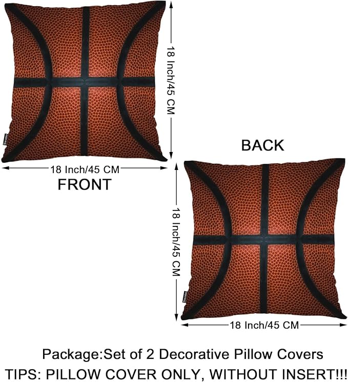 Swono Basketball Set of 2 Throw Pillow Covers Retro Sport Game Basketball Ball 18x18 Inches Pillow Cases Standard Cushion Cover Square Pillowcases for Men Women Decorative Home Bed Sofa