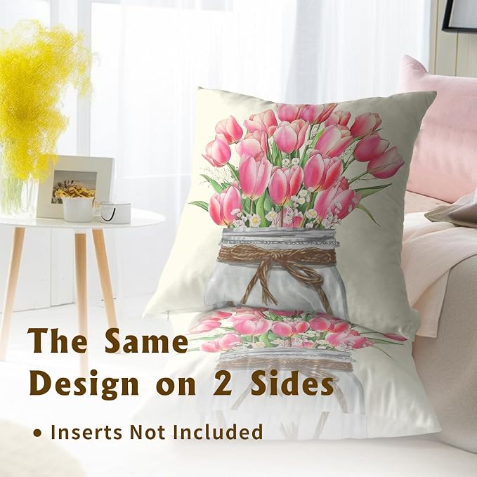 Pink Tulip Throw Pillow Covers 18x18 Set of 2, Spring Watercolor Flowers Mason Jar Square Pillowcases Cotton Cushion Cover Decoration for Couch Sofa Living Room Bedroom Home