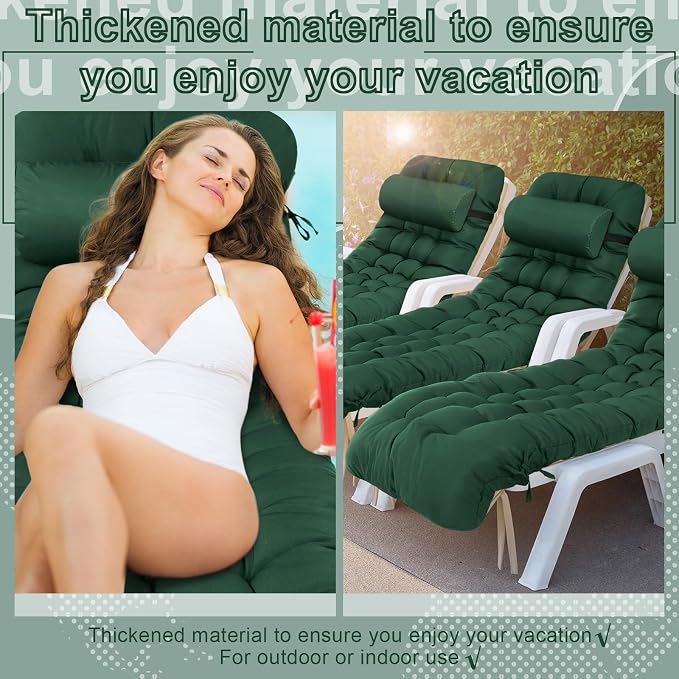 Tudomro Outdoor Chaise Lounge Cushion 66x21x4'' Waterproof & Fade-Resistant Patio Pool Chaise Lounge Cushion Headrest Pillow Tie Replacement Rocking High Back Chair(Hunter Green,Set of 2)
