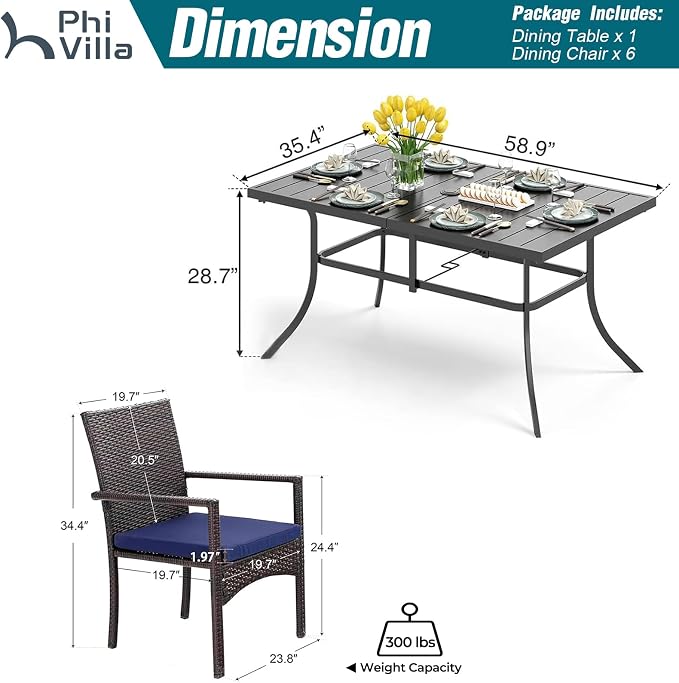 PHI VILLA 7 Piece Patio Dining Set, 60” Rectangular Table, Rattan Chairs | Outdoor Dining Set for 6, Metal Dining Table with Umbrella Hole, Wicker Chairs with Cushions for Patio, Deck, Porch