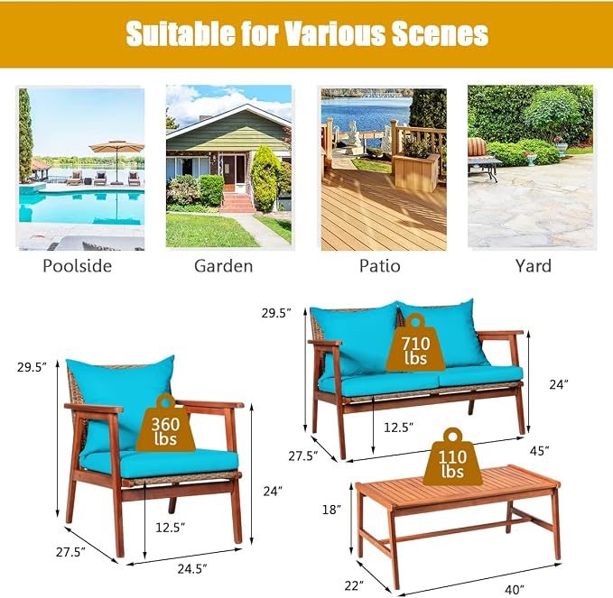 HAPPYGRILL 4-Piece Outdoor Rattan Sofa Set Acacia Wood Frame Conversation Set with Coffee Table, Sectional Furniture Set with Cushions for Backyard Porch Garden Poolside Balcony
