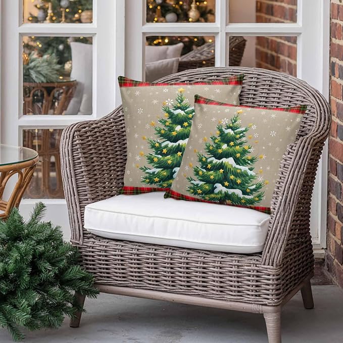 Outdoor Waterproof Throw Pillow Covers, Christmas Trees Winter Snowflake Green Red Tartan Plaid Vintage Burlap Pattern Pillowcases Cushion Covers Cases for Patio Couch Bench, Pack of 2, 16X16 Inch