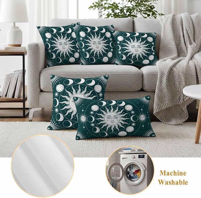 Celestial Sun and Moon Waterproof Outdoor Pillow Covers Set of 2 Home Decor, Green Starry Galaxy Boho Pillowcase Patio Pillow Covers for Couch Bench Patio Furniture Garden 26x26in