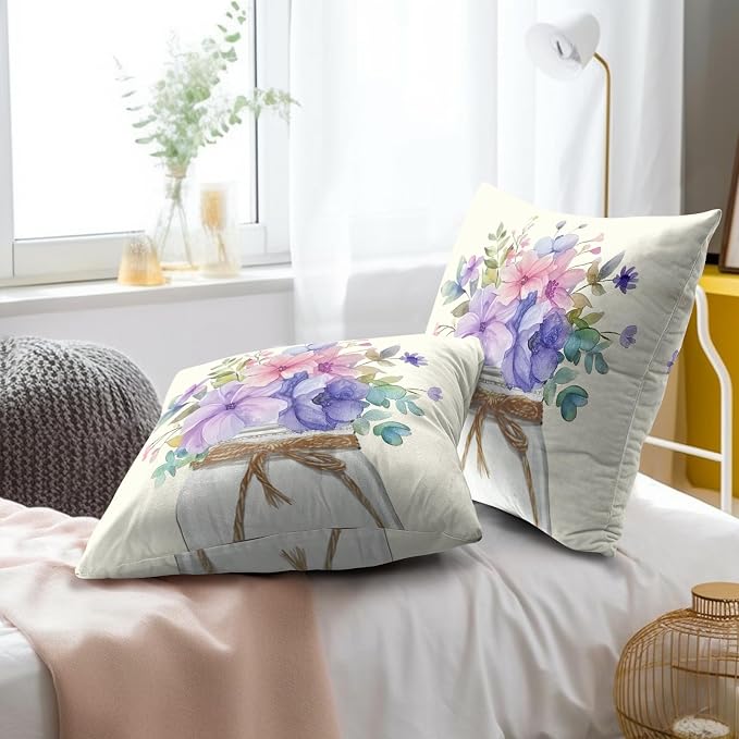 Summer Flowers Pillow Covers 16 x 16 Inches Set of 2,Watercolor Purple Pink Floral Jar Cushion Cover Cotton Linen Pillowcase for Home Couch Sofa Patio Bedroom Livingroom
