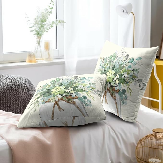 Green Plant Leaf Pillow Covers 20x20 Inch, 2Pcs Watercolor Eucalyptus Leaves Throw Cushion Cover Pillow Case Spring Summer Farmhouse Home Decor for Sofa Bed Couch
