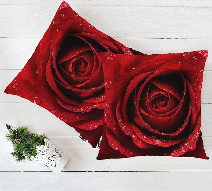 Swono Rose Pack of 2 Decorative Throw Pillow Covers Cushion Covers, Blossom Rose Water Drops Couch Pillow Case Boho Cushion Pillowcase for Bedroom Sofa Living Room 18X18 Inches, Red Rose Petals