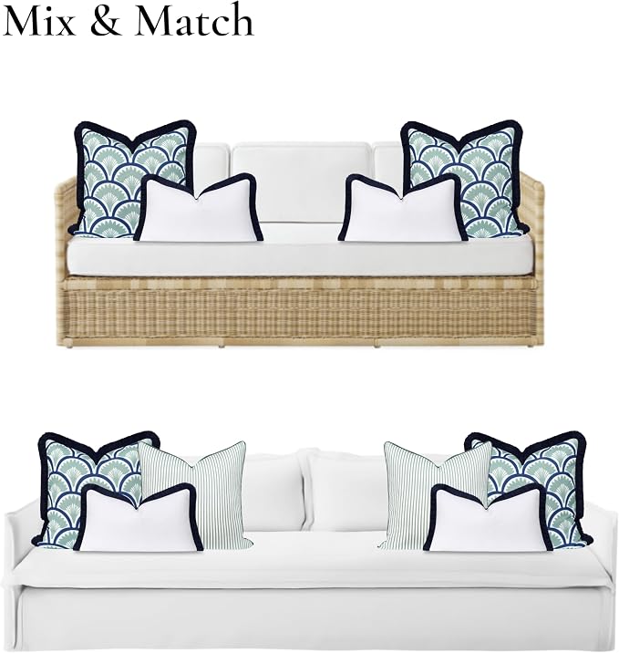 Hofdeco Premium Coastal Grandmillennial Patio Indoor Outdoor Throw Pillow Cover Only, 20"x20" Water Repellent for Backyard, Couch, Poolside, Celadon Green Navy Print Tropical Ravenala Palm Tree