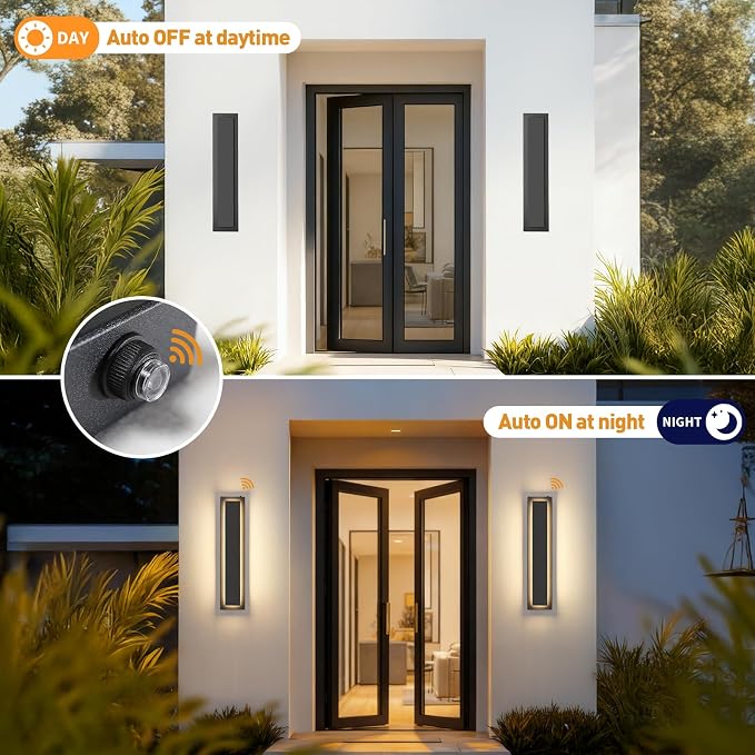 tewei 23.6'' Dusk to Dawn Outdoor Wall Lights, Modern Black LED Outdoor Wall Sconce, Large Long Exterior Lighting Fixtures Outside Porch Lights for House, Garage, Warm White 3000K, 2 Pack