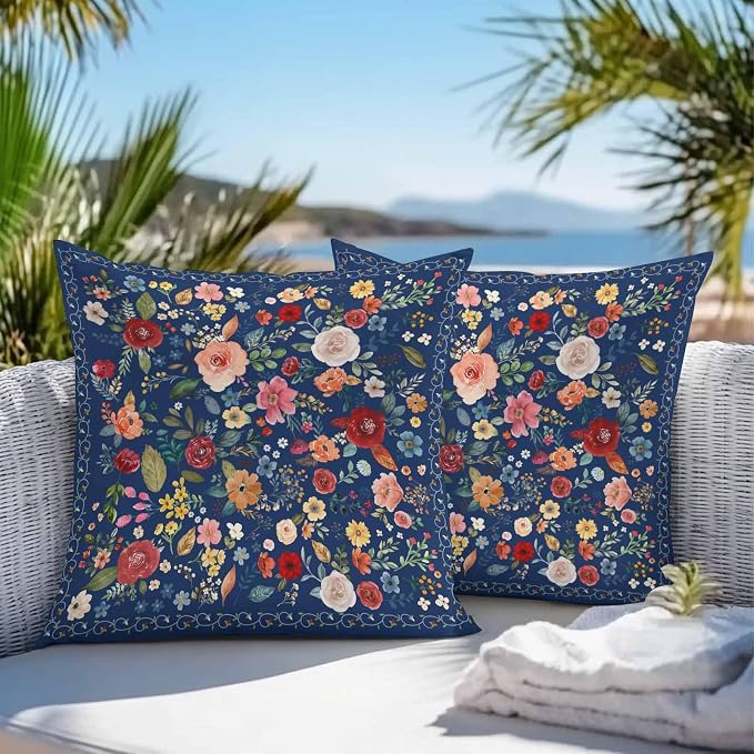 Vandarllin Outdoor Throw Pillows Covers 26x26 inch Set of 2 Waterproof Navy Blue Floral Decorative Zippered Cushion Covers for Patio Furniture, Farmhouse Vintage Flower Lumbar Pillowcases