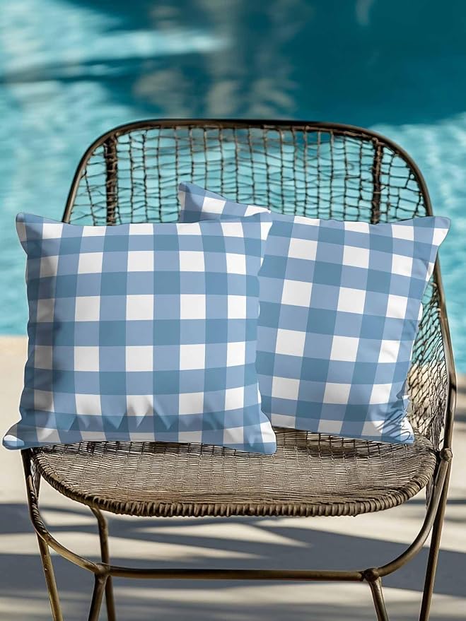Waterproof Outdoor Pillow Set of 2 Buffalo Plaid Decorative Throw Pillows Cover & Insert 16x16 Inch Pillowcase Blue Check Lines Square Pillows for Couch Sofa Bed Patio Furniture Indoor Outdoor