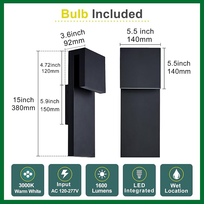 Tarentlight Modern LED Outdoor Wall Sconce 17W Integrated LED Outdoor Wall Mount,Anti Rust Textured Black Suit for Wet Locations and All Rooms,Easily Installed in Any Direction.Bulb Included.