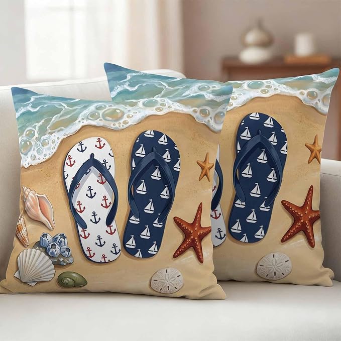 Blue Beige Seaside Outdoor Waterproof Throw Pillow Covers 24x24 Set of 2, Coastal Waves Starfish Summer Beach Nautical Decorative Pillowcases Cushion Pillowcase for Couch Sofa Patio Pillow Protector