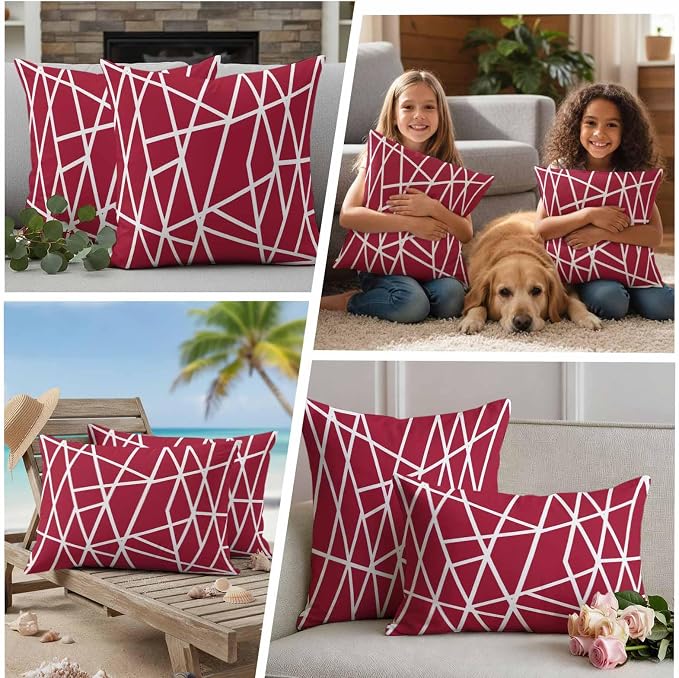 Outdoor Pillow Covers Waterproof, Red Geometric Decorative Square Throw Pillowcases Patio Cushion Covers for Tent/Garden, 20" x 20" 2 Pack, Abstract Stripes Modern Minimalist