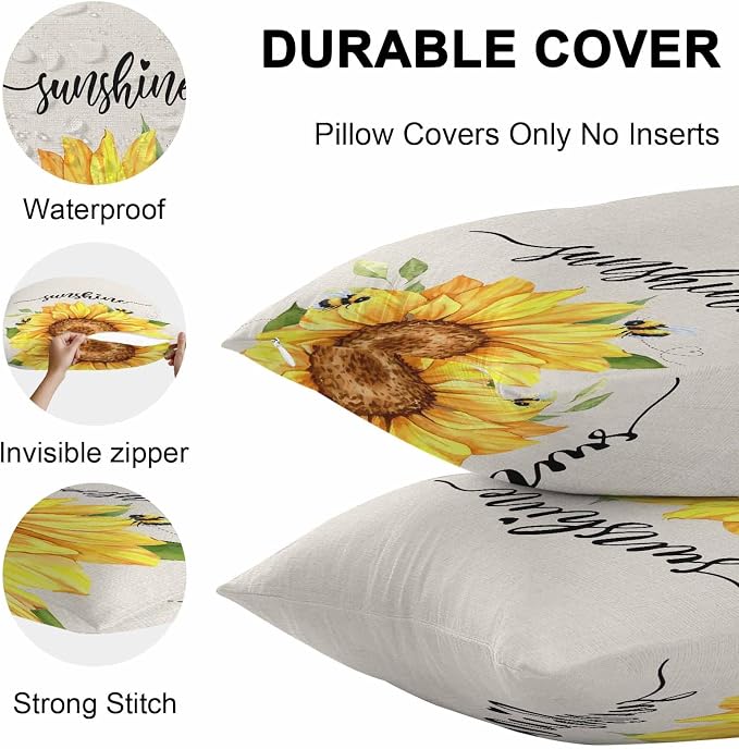 Vintage Yellow Sunflower Bee Outdoor Throw Pillow Covers Set of 2,Decorative Waterproof Pillowcase, Rustic Botanical on Linen Cushion Case for Patio Garden Couch Sofa Tent Bed 20x12 Inches