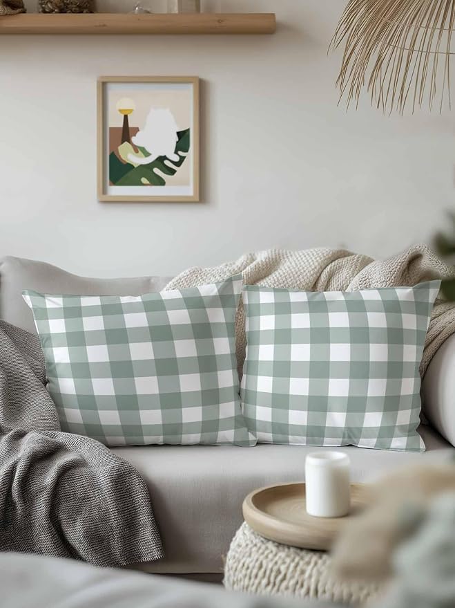 Waterproof Outdoor Pillow 1 Pack Sage Green Buffalo Plaid Decorative Throw Pillows Cover & Insert 16x16 Inch Pillowcase Check Lines Square Pillows for Couch Sofa Bed Patio Furniture Indoor Outdoor