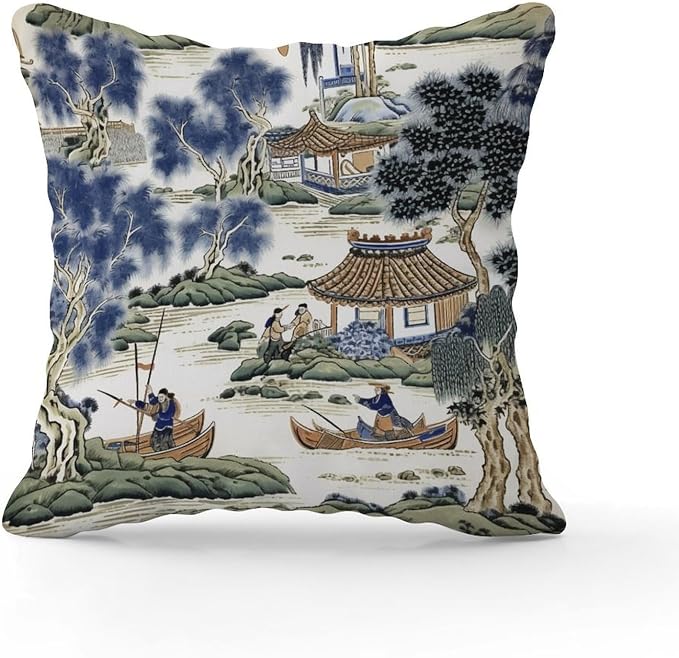 Cushion Cases Asian Scenic Pillowcase Rustic Blue and Green Chinoiserie Pillow Cover Accent Throw Pillow Covers Farmhouse Decorative for Living Bed Room Patio Home 22x22 in