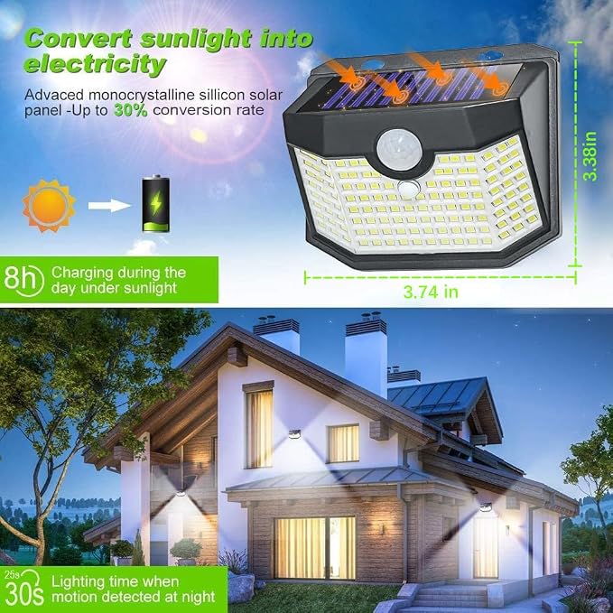 HMCITY 120 LED Solar Lights Outdoor with Motion Sensor and 3 Lighting Modes, IP65 Waterproof Wide Solar Wall Lights Ideal for Garden Patio Yard (Front Button 1Pack, Black Shell-Daylight White)