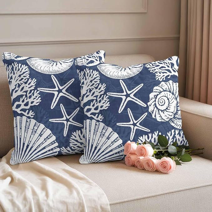 Outdoor Pillow Covers 16x16 Inch Set of 2, Navy Blue Starfish Coastal Waterproof Throw Pillow Covers, Summer Coral Shell Beach Nautical Decorative Cushion Pillowcases for Couch Sofa Bed Garden Patio