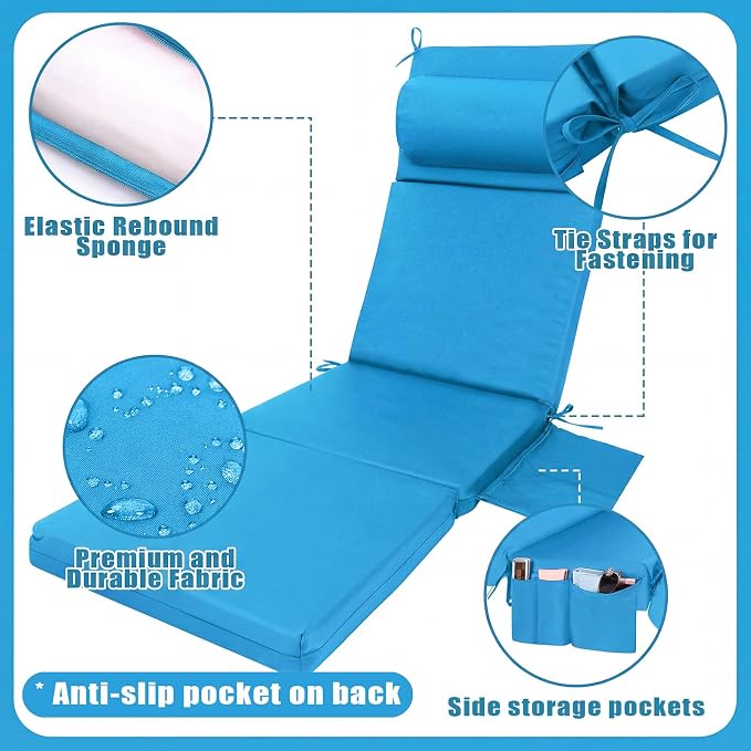 RattanView 2 Pcs Outdoor Chaise Lounge Cushion with Pillow and Side Pockets Waterproof Lounge Chair Cushions for Outdoor Furniture Patio Lounger Pad for Outside Pool Lawn (Lake Blue,80 x 26 x 4)