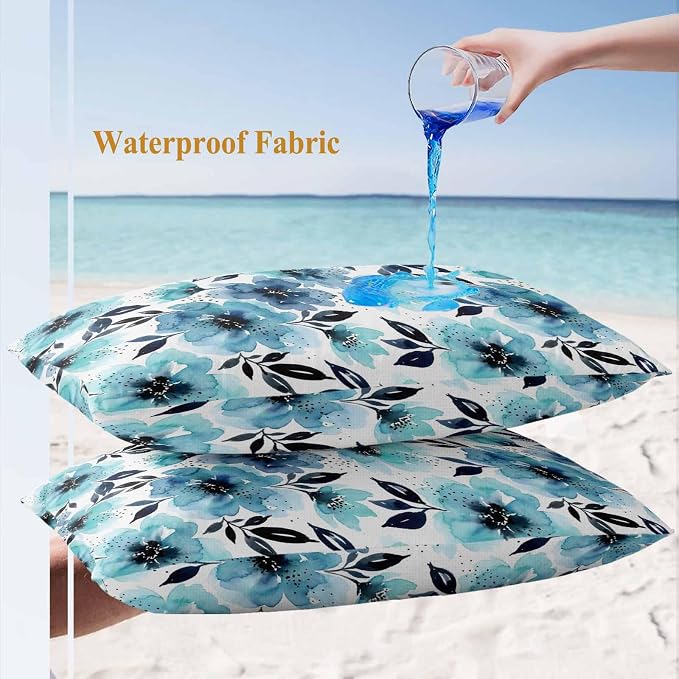 Botanical Floral Leaves Outdoor Waterproof Pillow Covers Pack of 2, Watercolor Painting Blue Gradient Blooms Throw Pillowcases Decorative Cushion Covers for Garden Patio Tent Sofa Couch, 20x12 inch