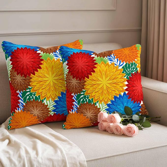 Red Yellow Blue Flowers Outdoor Pillow Covers Waterproof, All Weather Cushion Case Set of 2, Boho Colorful Floral Plant Decorative Pillowcases for Sofa Couch Bed Decor Patio Furniture 18"x18"