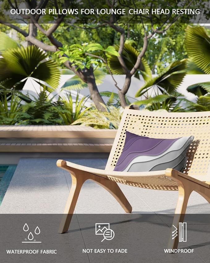 Geometric Ombre Lounge Pillows Outdoor, Aesthetic Purple Grey White Gradient Abstract Head Pillows, Modern Waterproof Patio Furniture Lumbar Pillows with Adjustable Elastic Strap for Recliner Beach
