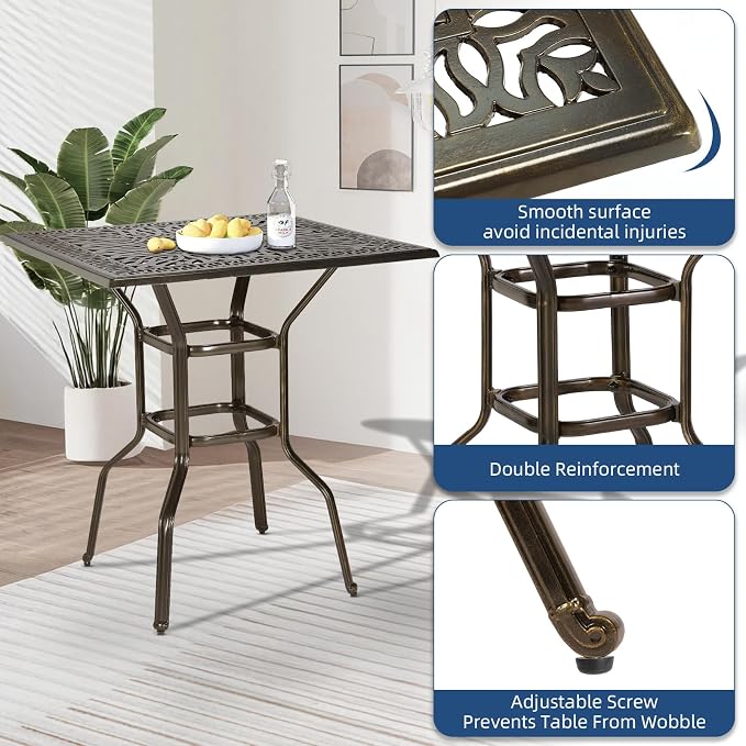 Outdoor Cast Aluminum Bar Table, 35.4" Patio Bar Height Table with 2.2" Umbrella Hole, All Weather High Top Bistro Square Dining Table for Outside Deck Porch Balcony Poolside, Dark Bronze