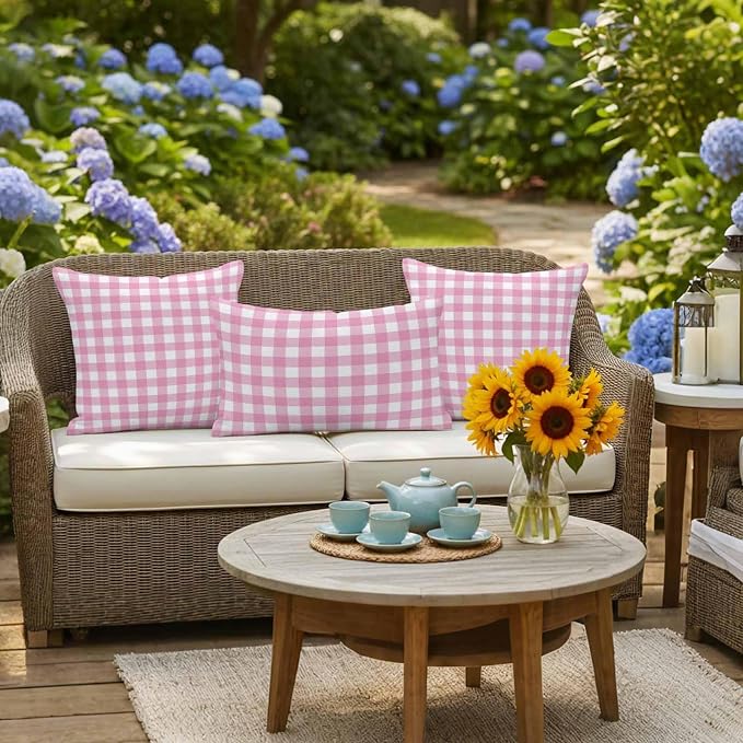 Rose Pink Checks Outdoor Pillow Covers 20"x20" Set of 2, Gingham Plaid Abstract Modern Minimalist Waterproof Throw Pillow Covers for Patio Furniture, Decorative Cushion Covers for Porch