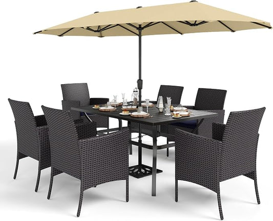 Sophia & William 7 Pieces Patio Dining Set with 13ft Beige Patio Umbrella, 60" Outdoor Metal Table & Rattan Chairs Set with Cushions