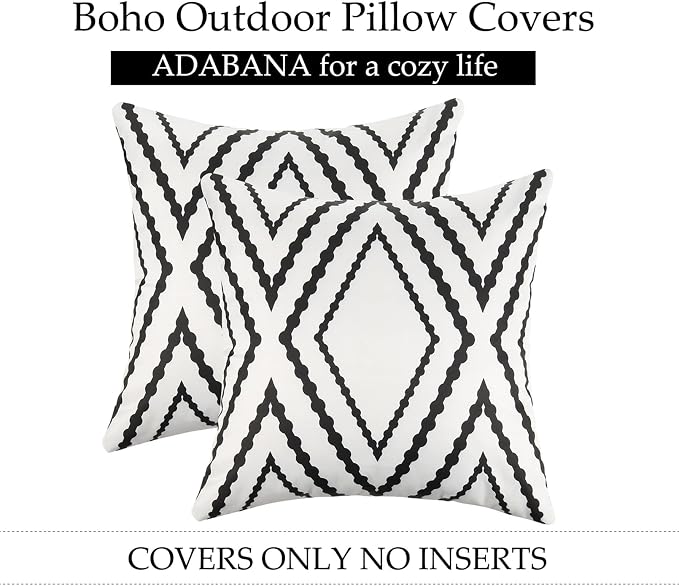 Adabana Outdoor Waterproof Pillow Covers 18x18 White | Geometric Decorative Throw Pillow Covers Set of 2 for Patio, Garden, Porch, Farmhouse