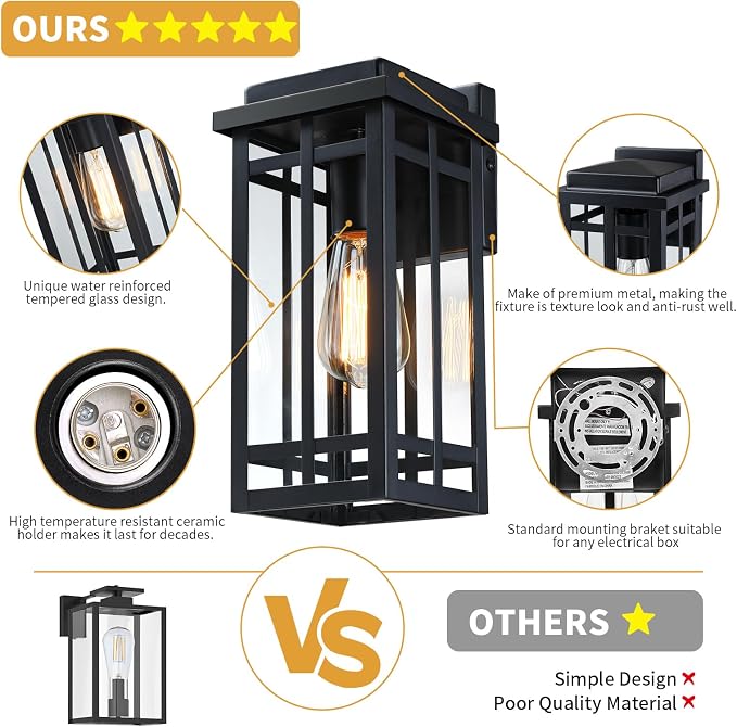 12'' Outdoor Wall Lights 2 Packs, Black Porch Light Outdoor Lighting | Waterproof Exterior Lighting Fixtures Sconce Lanterns, Modern Outside Lights for House Garage Front Door Patio (No Sensor)