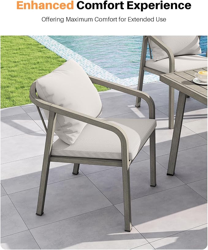 Never-Rust Aluminum Outdoor Dining Chairs Set of 2, Patio Dining Chairs with Ultra-Thick Cushion, Outdoor Patio Chairs with Wraparound Backrest and Armrest for Poolside, Porch, Deck, Gray Oak
