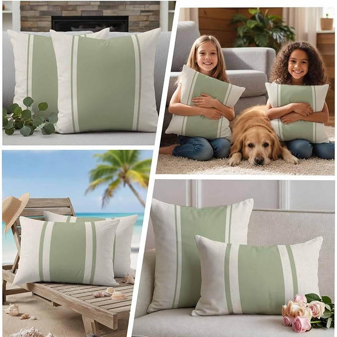 Abstract Gray Green Color Block Outdoor Pillow Covers Set of 2 Vintage Lines Linen Texture Waterproof Throw Pillow Cover Decorative Cushion Cases for Patio Porch Garden 26X26 Inch