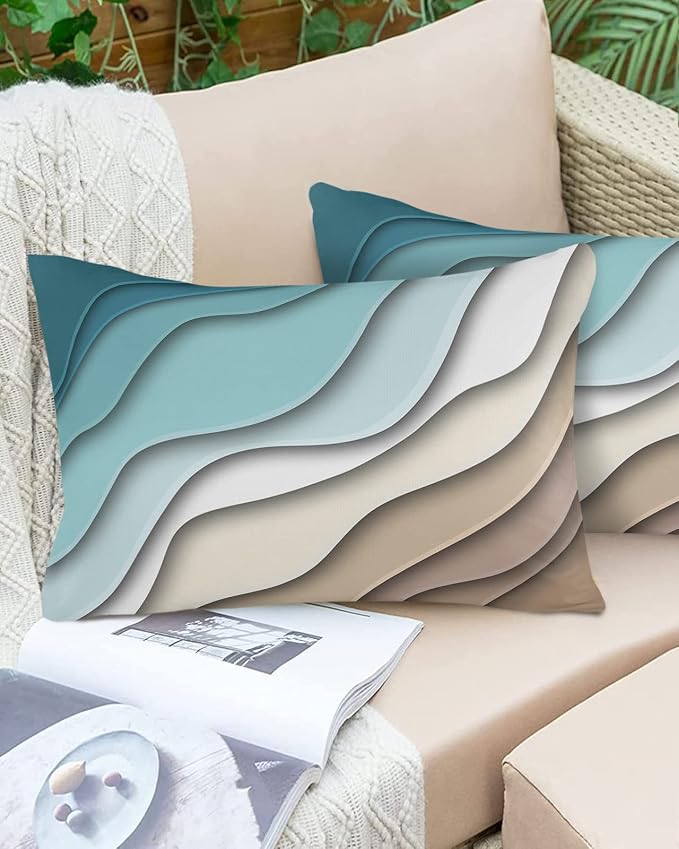 Outdoor Pillows 20x12 Waterproof Outdoor Pillow Covers Ombre Stripes Turquoise Brown Polyester Throw Pillow Covers Garden Cushion Decorative Case for Patio Couch Decoration Set of 2 Abstract Striped