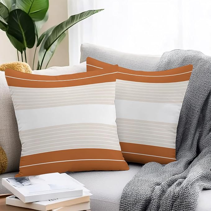 Orange Beige Stripe Outdoor Pillow Covers Waterproof, All Weather Cushion Case Set of 2, Modern Art Horizontal Striped Decorative Pillowcases for Sofa Couch Bed Decor Patio Furniture 16"x16"