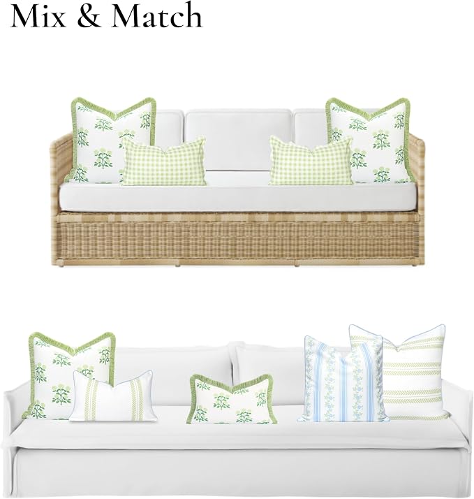Hofdeco Premium Grandmillennial Coastal Hampton Patio Indoor Outdoor Throw Pillow Cover Only, 20"x20" Water Repellent for Backyard, Couch, Poolside, Grass Green Print Hydrangea Flowers
