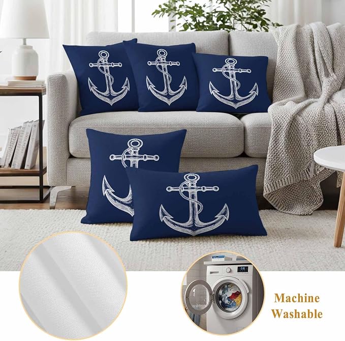 Nautical Outdoor Waterproof Throw Pillow Covers Set of 2, 16"x16", Anchor Rope Coastal Navy Blue Minimalist Decorative Pillow Covers Outside Cushion Case for Patio Porch Garden