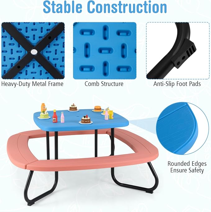 HONEY JOY Kids Picnic Table, 8 Person Toddler Outdoor Table and Chair Set, 4 Built-in Benches, Removable Umbrella, Metal Frame & HDPE Top, Children Outdoor Furniture for Backyard Patio Garden (Red)