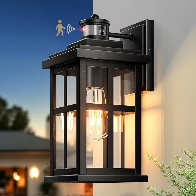Large Motion Sensor Outdoor Light, Black Porch Light Dusk to Dawn, Waterproof Outdoor Motion Sensor Light, Anti-Rust Outside Lights for House, Garage, Doorway, Porch, 100% Aluminum