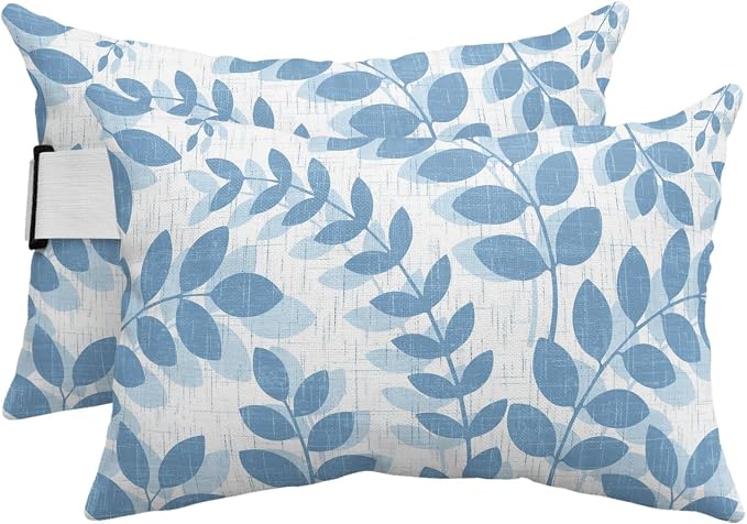 Chaise Lounge Headrest Pillow 2 Pack, Lake Blue Leaves Waterproof Chair Pillows with Insert & Adjustable Elastic Strap for Beach Recliner, Summer Farmhouse Botanical Boho Branch Outdoor Patio Pillow