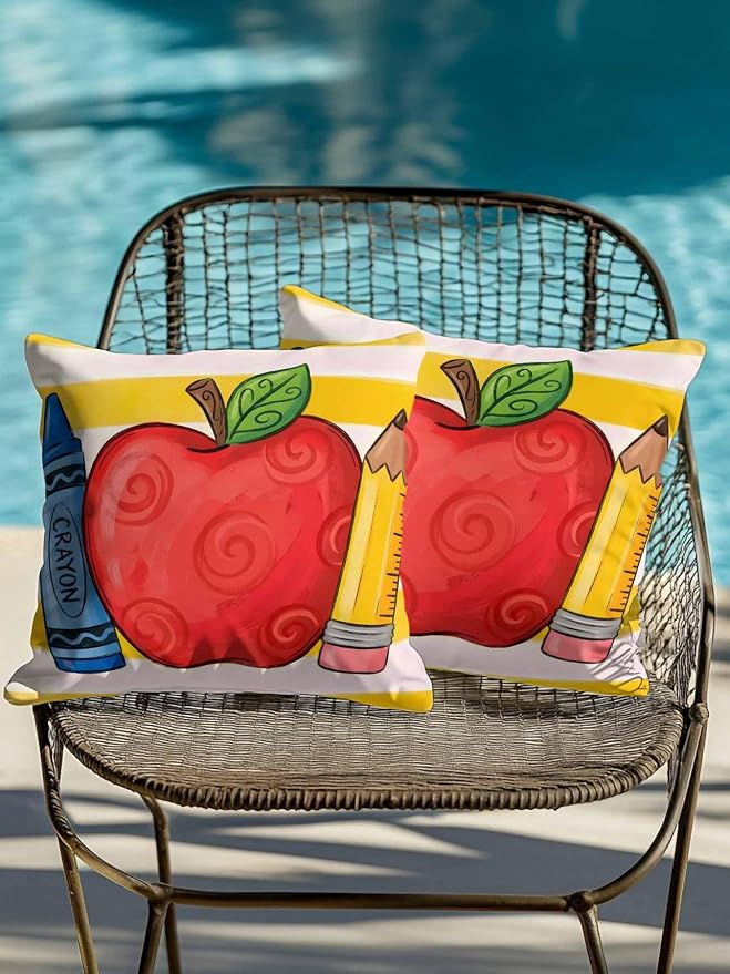 Outdoor Throw Pillow Set of 2, Children's Day Waterproof Pillow with Insert Included, Funny Cartoon Pencil Yellow Striped Decorative Accent Cushion Sofa Pillows for Patio Porch, 18 x 18 in