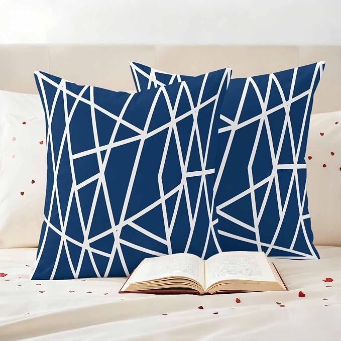 Outdoor Pillow Covers Waterproof, Nave Blue Geometric Decorative Square Throw Pillowcases Patio Cushion Covers for Tent/Garden, 18" x 18" 2 Pack, Abstract Stripes Modern Minimalist