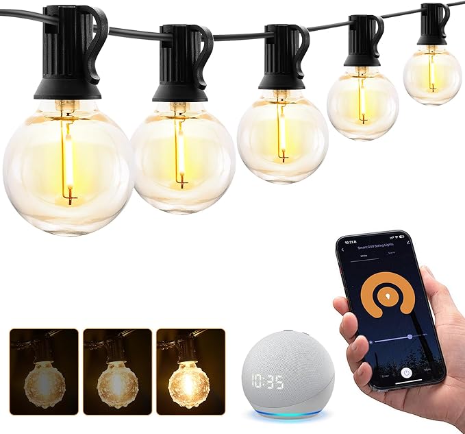 XMCOSY+ Smart Outdoor String Lights, 75Ft G40 Patio Lights with 34 Bulbs | Dimmable LED bulbs, connectable, WiFi & APP control, works with Alexa, extendable waterproof design for porch and backyard