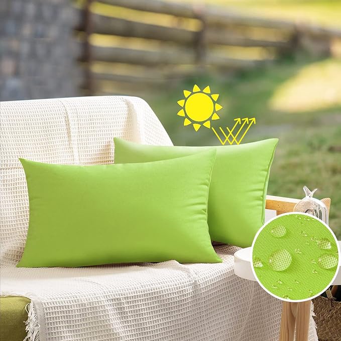 VAKADO Green Waterproof Outdoor Throw Pillow Covers 12x20 Set of 2 UV Fade | Soft polyester, hidden zipper. Fade resistant, patio porch garden furniture. Machine washable, all-season durability.