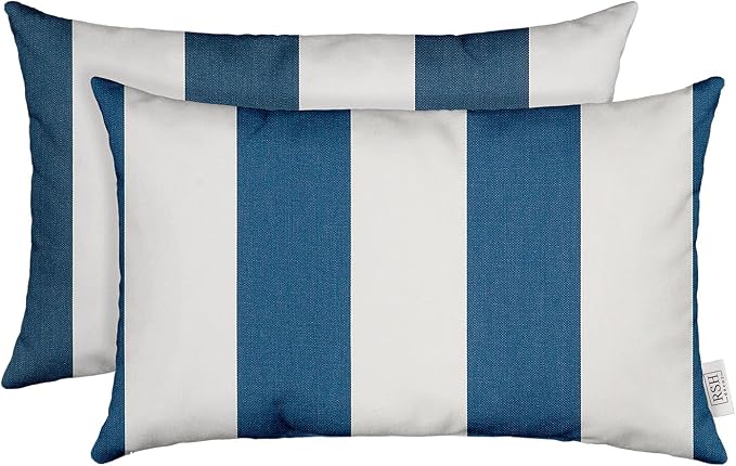 RSH DECOR: Sunbrella Lumbar Throw Pillows Set of 2 | 20" x 12" | Water and Fade-Resistant Performance Fabric | Outdoor Pillow Covers with Down-Alternative Inserts | Cabana Regatta-Made in USA