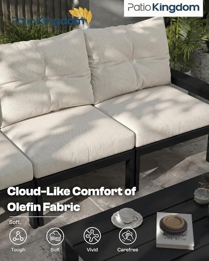 3 Piece HDPE Outdoor Patio Furniture Set, All-Weather 2 Armchairs with Side Table, Patio Conversation Set with Beige Washable Thick Cushion for Balcony,Porch (Black Frame)